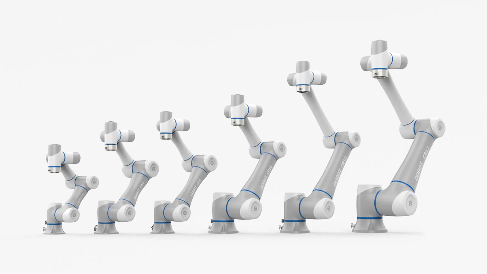 Sześć cobotów Dobot serii CRA ustawionych według wielkości - render producenta