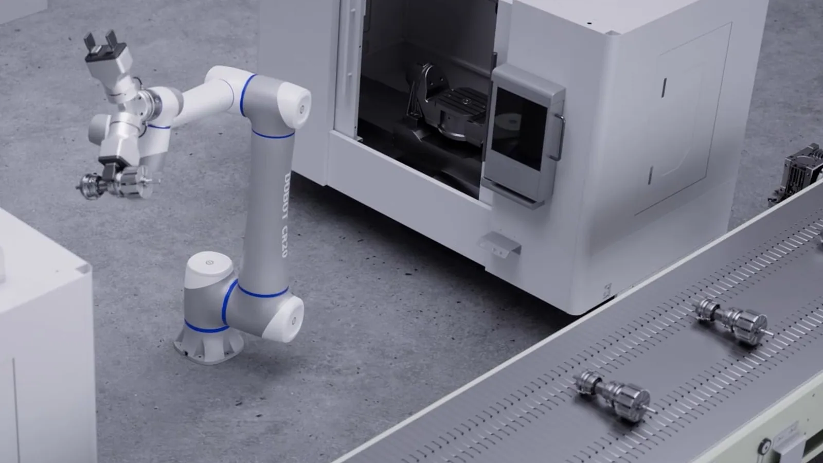 Dobot CR20A między dwiema obrabiarkami CNC i przenośnikiem - render producenta