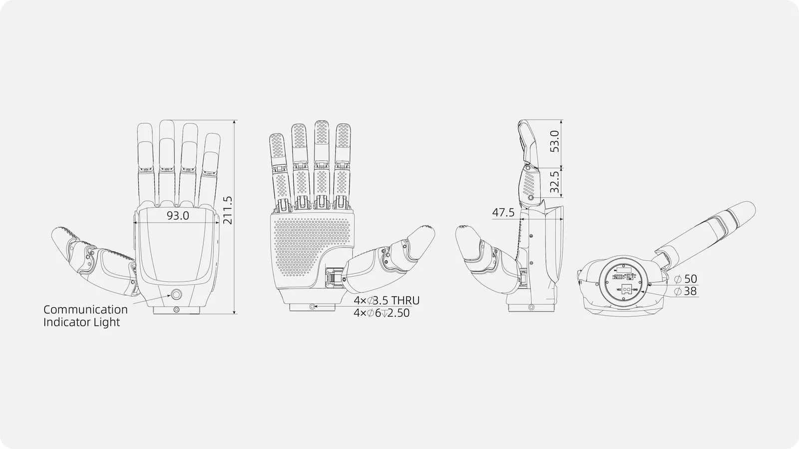 Inspire Robots RH56E2 - z czujnikami dotyku (T1/T2) - diagram budowy i kluczowe komponenty